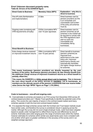 Error! Unknown document property name.
95
Table 2b: Drivers of the EANDCB figure
Direct Costs to Business Monetary Value (NPV) Explanation – why this is
direct to business
One-off costs (familiarisation
and implementation)
£138m Direct business cost (to
pension providers) as this
is an immediate and
unavoidable cost burden
of the policy all schemes
must do.
Ongoing costs (complying with
VFM requirements annually)
£333m (cumulative NPV
over 10-year appraisal)
Direct business cost (to
pension schemes) as all
schemes in the market will
be required to comply with
the VFM regulations each
year so costs are
unavoidable and
immediately felt by
businesses.
Direct Benefit to Business:
Extra charge revenue received
on improved investment returns
£99m (cumulative NPV
over 10-year period)
Direct benefit to business
(pension schemes) as
improved fund
performance is the main
policy aim; improved
performance directly and
automatically translates
into higher charge revenue
for schemes.
This means businesses (pension providers) are directly impacted by the cost
burdens of the policy. Businesses (pension providers) do also directly benefit from
the additional charge revenue of improved investment returns as a direct benefit to
partially offset this.
This means the EANDCB is a £43m annual direct cost to business. This is because
the main direct benefit of the policy accrues to members, not to businesses, as
members are the ultimate owners of the pension investments that now receive better
value (hence the high ‘NPSV’ figure on Page 1, £19,364m).
Costs to businesses – one-off and ongoing costs
79. Cost estimates to schemes are based on an FCA survey from December 2023 across 20
contract-based providers and 1 Master Trust specifically to identify the potential costs of the
policy. This covers the vast majority of savers in the contract-based market (and many
schemes operate in both the trust and contract-based market).
80. It is expected the large schemes across both the Contract and Trust based markets would
have similar costs, and therefore the survey is considered robust in applying across the
market. Although the survey did not cover single-employer trusts, costs have been adapted
based on assets under management to reflect there may be cost differences by size of
scheme. Estimates were wide-ranging given the range of scheme sizes within the market,
however estimates for schemes within similar size asset bands were more consistent with
one another which gave us greater confidence in the accuracy of the survey and in our
weighted average approach.
 
