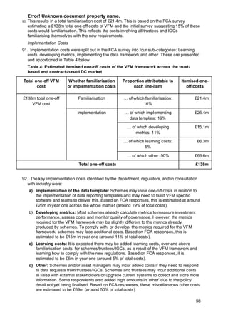 Error! Unknown document property name.
98
90. This results in a total familiarisation cost of £21.4m. This is based on the FCA survey
estimating a £138m total one-off costs of VFM and the initial survey suggesting 15% of these
costs would familiarisation. This reflects the costs involving all trustees and IGCs
familiarising themselves with the new requirements.
Implementation Costs
91. Implementation costs were split out in the FCA survey into four sub-categories: Learning
costs, developing metrics, implementing the data framework and other. These are presented
and apportioned in Table 4 below.
Table 4: Estimated itemised one-off costs of the VFM framework across the trust-
based and contract-based DC market
Total one-off VFM
cost
Whether familiarisation
or implementation costs
Proportion attributable to
each line-item
Itemised one-
off costs
£138m total one-off
VFM cost
Familiarisation … of which familiarisation:
16%
£21.4m
Implementation … of which implementing
data template: 19%
£26.4m
… of which developing
metrics: 11%
£15.1m
… of which learning costs:
5%
£6.3m
… of which other: 50% £68.6m
Total one-off costs £138m
92. The key implementation costs identified by the department, regulators, and in consultation
with industry were:
a) Implementation of the data template: Schemes may incur one-off costs in relation to
the implementation of data reporting templates and may need to build VFM specific
software and teams to deliver this. Based on FCA responses, this is estimated at around
£26m in year one across the whole market (around 19% of total costs).
b) Developing metrics: Most schemes already calculate metrics to measure investment
performance, assess costs and monitor quality of governance. However, the metrics
required for the VFM framework may be slightly different to the metrics already
produced by schemes. To comply with, or develop, the metrics required for the VFM
framework, schemes may face additional costs. Based on FCA responses, this is
estimated to be £15m in year one (around 11% of total costs).
c) Learning costs: It is expected there may be added learning costs, over and above
familiarisation costs, for schemes/trustees/IGCs, as a result of the VFM framework and
learning how to comply with the new regulations. Based on FCA responses, it is
estimated to be £6m in year one (around 5% of total costs).
d) Other: Schemes and/or asset managers may incur added costs if they need to respond
to data requests from trustees/IGCs. Schemes and trustees may incur additional costs
to liaise with external stakeholders or upgrade current systems to collect and store more
information. Some respondents also added high amounts in ‘other’ due to the policy
detail not yet being finalised. Based on FCA responses, these miscellaneous other costs
are estimated to be £69m (around 50% of total costs).
 