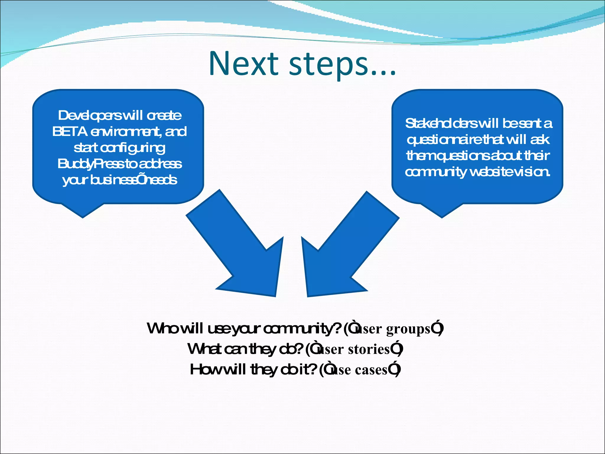 Next steps... Who will use your community? (“ user groups ”) What can they do? (“ user stories ”) How will they do it? (“ use cases ”) Stakeholders will be sent a questionnaire that will ask them questions about their community website vision. Developers will create BETA environment, and start configuring BuddyPress to address your business’ needs 