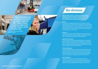 3.                                                                                                                                    4.




                                                            Our divisions
                                                   Impact Recruitment Services is a full-service recruitment agency,
                                                   arranging permanent and temporary placements, with onsite and
                         “Impact Recruitment has   offsite management, across a diverse range of sectors and role
                        constantly demonstrated    levels. Our divisional areas of specialism and expertise are:

                      the ability to supply the    Industrial
                    ‘right’ calibre of people      Our dedicated and established Industrial team place workers in all kinds of
                                                   industrial related roles on a temporary or permanent basis, including warehouse,
                  to meet our requirements,        food, packing and production. Our service is scalable, from one or two workers
                 and their customer service        through to regularly using 100+ workers every day. And of course, there’s those
                                                   times when there is a complete swing in volume of workers needed relevant
               is second to none.”                 to peak business times – this is fine too.
            Stephen Roe, Manufacturing Manager
           Amphenol JAYBEAM                        Commercial
                                                   The Commercial team recruit for a broad spectrum of office based roles at all
                                                   levels. We have experience of placing candidates in various sectors, from call
                                                   centers to head offices, for small to large, corporate businesses.

                                                   Supply Chain Professionals
                                                   This division focuses on finding experienced candidates who are suitable for
                                                   Director, Management, Team Leader and Supervisory roles in the Supply Chain
                                                   sector. A dedicated Account Manager with in depth knowledge of this sector
                                                   will ensure the right job and person specification, advertising and headhunting
                                                   strategy is deployed, to attract the right candidates.

                                                   Technical & Engineering
                                                   As a specialist area of expertise, our Technical and Engineering division finds
                                                   experienced candidates for the major engineering sectors in the UK, such as
                                                   automotive, aerospace, manufacturing, logistics, electrical, pharmaceutical,
                                                   food and FMCG. We offer a permanent and contract engineering recruitment
                                                   service, for all types of roles at all levels, from junior to the most senior.

                                                   Senior Appointments
                                                   Executive level roles carry a lot more responsibility and influence on
                                                   a business’s performance, which is why we created a bespoke approach and
                                                   division to manage these placements. Getting the right fit from experience,
                                                   capability and company culture perspectives is key and is what we do well.


01604 239555 | www.ImpactRecruitment.co.uk
 