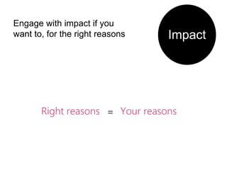 Engage with impact if you
want to, for the right reasons Impact
Right reasons = Your reasons
 