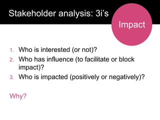 Who has a stake in my research?
1. Who is interested (or not)?
2. Who has influence (to facilitate or block
impact)?
3. Who is impacted (positively or negatively)?
Why?
Stakeholder analysis: 3i’s
Impact
 
