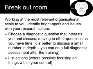 Working at the most relevant organisational
scale to you, identify bright-spots and issues
with your research culture:
 Choose a diagnostic question that interests
you and discuss, moving to other questions as
you have time (it is better to discuss a small
number in depth – you can do a full diagnostic
assessment after the training)
 List actions (where possible focusing on
things within your control)
Question:
Break out room
 