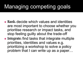 Question:
Managing competing goals
 Rank: decide which values and identities
are most important to choose whether you
prioritise research or impact tasks, and
stop feeling guilty about the trade-off
 Integrate: find tasks that integrate multiple
priorities, identities and values e.g.
prioritizing a workshop to solve a policy
problem that I can write up as a paper…
 