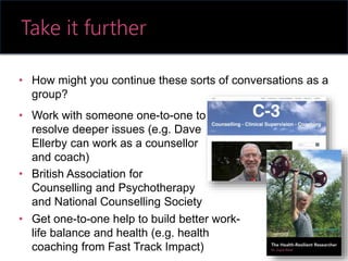 • How might you continue these sorts of conversations as a
group?
Take it further
• Work with someone one-to-one to
resolve deeper issues (e.g. Dave
Ellerby can work as a counsellor
and coach)
• British Association for
Counselling and Psychotherapy
and National Counselling Society
• Get one-to-one help to build better work-
life balance and health (e.g. health
coaching from Fast Track Impact)
 