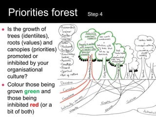  Is the growth of
trees (identiites),
roots (values) and
canopies (priorities)
promoted or
inhibited by your
organisational
culture?
 Colour those being
grown green and
those being
inhibited red (or a
bit of both)
Question:
Priorities forest Step 4
 