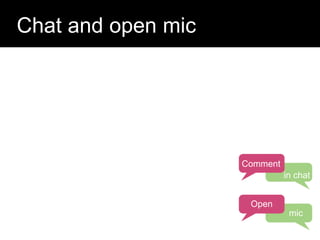 Question:
Chat and open mic
Comment
in chat
Open
mic
 