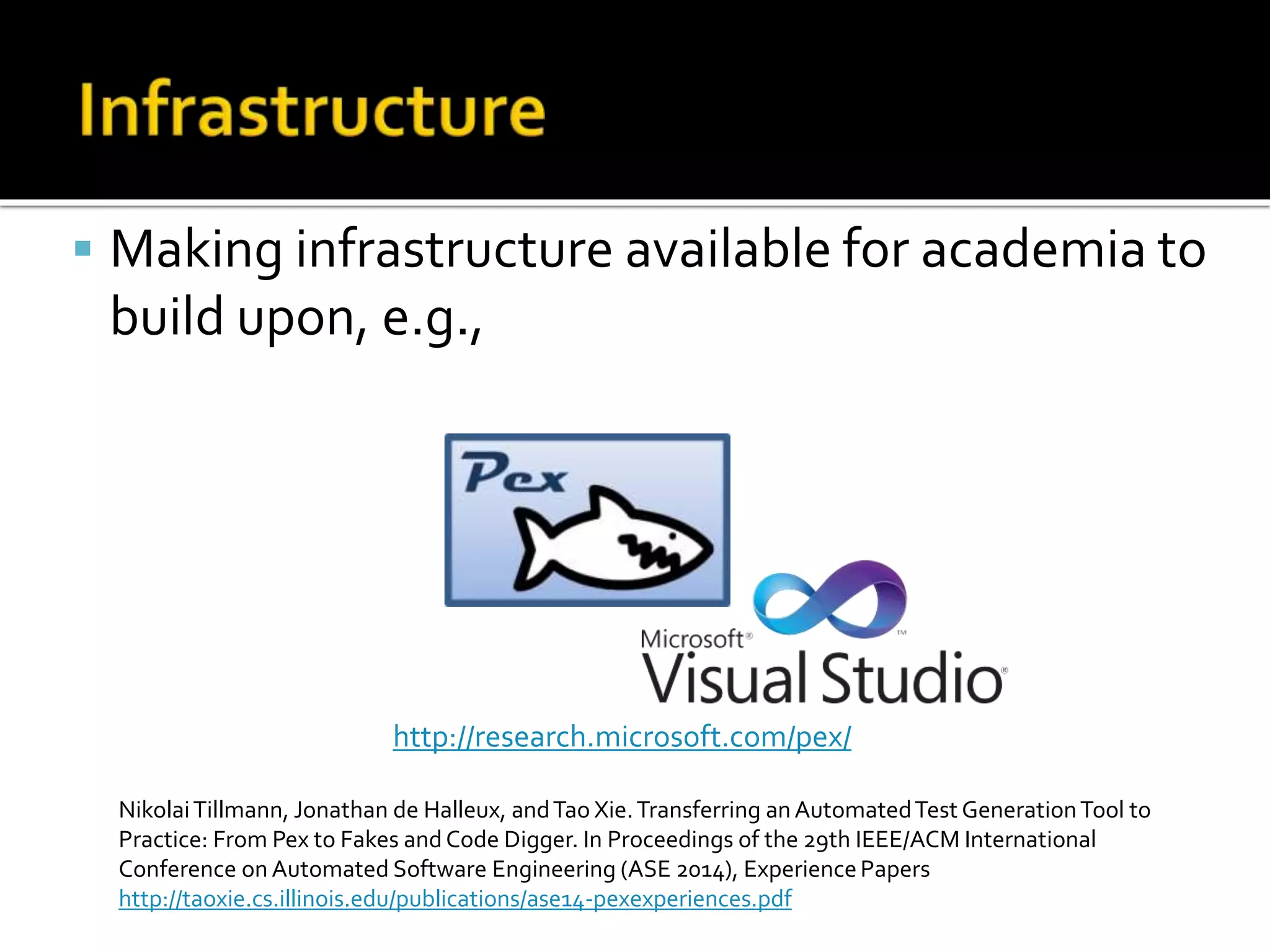  Making infrastructure available for academia to
build upon, e.g.,
NikolaiTillmann, Jonathan de Halleux, andTao Xie.Transferring anAutomatedTest GenerationTool to
Practice: From Pex to Fakes andCode Digger. In Proceedings of the 29th IEEE/ACM International
Conference on Automated Software Engineering (ASE 2014), ExperiencePapers
http://taoxie.cs.illinois.edu/publications/ase14-pexexperiences.pdf
http://research.microsoft.com/pex/
 