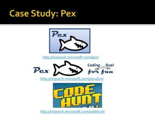 http://research.microsoft.com/pex/
http://research.microsoft.com/codehunt
http://research.microsoft.com/pex4fun/
 