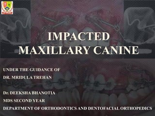 IMPACTED
MAXILLARY CANINE
UNDER THE GUIDANCE OF
DR. MRIDULA TREHAN
Dr. DEEKSHA BHANOTIA
MDS SECOND YEAR
DEPARTMENT OF ORTHODONTICS AND DENTOFACIAL ORTHOPEDICS
 
