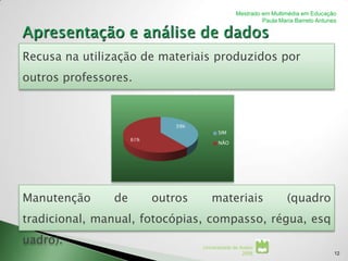 Mestrado em Multimédia em Educação
                                                          Paula Maria Barreto Antunes




Recusa na utilização de materiais produzidos por
outros professores.



                             39%
                                         SIM
                    61%
                                         NÃO




Manutenção     de         outros      materiais                    (quadro
tradicional, manual, fotocópias, compasso, régua, esq
uadro).                            Universidade de Aveiro
                                                    2008                            12
 