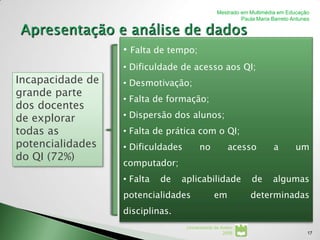 Mestrado em Multimédia em Educação
                                                          Paula Maria Barreto Antunes




                  • Falta de tempo;
                  • Dificuldade de acesso aos QI;
Incapacidade de   • Desmotivação;
grande parte
                  • Falta de formação;
dos docentes
de explorar       • Dispersão dos alunos;
todas as          • Falta de prática com o QI;
potencialidades   • Dificuldades         no           acesso           a       um
do QI (72%)
                  computador;
                  • Falta   de   aplicabilidade               de      algumas
                  potencialidades               em            determinadas
                  disciplinas.
                                   Universidade de Aveiro
                                                    2008                            17
 