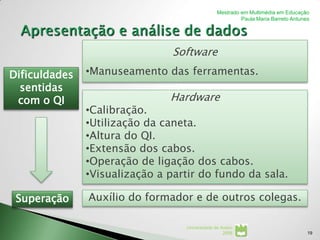 Mestrado em Multimédia em Educação
                                                         Paula Maria Barreto Antunes




                                Software

Dificuldades   •Manuseamento das ferramentas.
  sentidas
 com o QI                      Hardware
               •Calibração.
               •Utilização da caneta.
               •Altura do QI.
               •Extensão dos cabos.
               •Operação de ligação dos cabos.
               •Visualização a partir do fundo da sala.

 Superação     Auxílio do formador e de outros colegas.

                                  Universidade de Aveiro
                                                   2008                            19
 