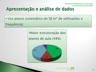 Mestrado em Multimédia em Educação
                                                       Paula Maria Barreto Antunes




• Uso pouco sistemático do QI (nº de utilizações e
frequência).

               •Maior estruturação dos
               planos de aula (44%).

                         6%
                                44%
                  39%




                         11%




                                Universidade de Aveiro
                                                 2008                                9
 