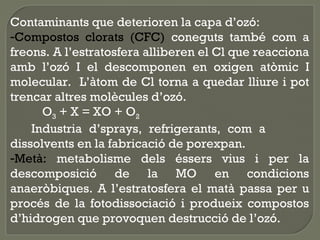 Contaminants que deterioren la capa d’ozó:
-Compostos clorats (CFC) coneguts també com a
freons. A l’estratosfera alliberen el Cl que reacciona
amb l’ozó I el descomponen en oxigen atòmic I
molecular. L’àtom de Cl torna a quedar lliure i pot
trencar altres molècules d’ozó.
O3 + X = XO + O2
Industria d’sprays, refrigerants, com a
dissolvents en la fabricació de porexpan.
-Metà: metabolisme dels éssers vius i per la
descomposició de la MO en condicions
anaeròbiques. A l’estratosfera el matà passa per u
procés de la fotodissociació i produeix compostos
d’hidrogen que provoquen destrucció de l’ozó.

 