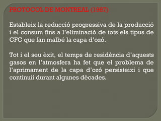 PROTOCOL DE MONTREAL (1987)
Estableix la reducció progressiva de la producció
i el consum fins a l’eliminació de tots els tipus de
CFC que fan malbé la capa d’ozó.
Tot i el seu èxit, el temps de residència d’aquests
gasos en l’atmosfera ha fet que el problema de
l’aprimament de la capa d’ozó persisteixi i que
continuii durant algunes dècades.

 