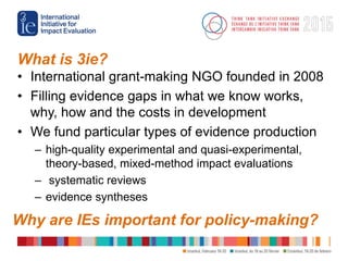 What is 3ie?
• International grant-making NGO founded in 2008
• Filling evidence gaps in what we know works,
why, how and ...