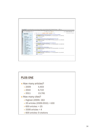 PLOS ONE

Ò  How   many articles?
  É  2009          4,403
  É  2010          6,722
  É  2011          13,781
Ò  How   many cites?
  É  Highest   (2009): 163
  É 

  É 

  É  3300 articles < 4
  É  600 articles: 0 citations




                                  14	

 