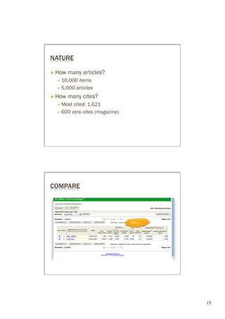 NATURE

Ò  How   many articles?
  É  10,000 items
  É  5,000 articles

Ò  How   many cites?
  É  Most cited: 1,621
  É  600 zero cites (magazine)




COMPARE




                                  Items…




                                           15	

 