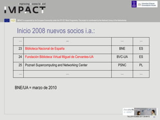IMPACT is supported by the European Community under the FP7 ICT Work Programme. The project is coordinated by the National Library of the Netherlands.




 Inicio 2008 nuevos socios i.a.:
   …                                                                ...                                                                       …                         …

  23 Biblioteca Nacional de España                                                                                                          BNE                         ES

  24 Fundación Biblioteca Virtual Miguel de Cervantes-UA                                                                                 BVC-UA                         ES

  25 Poznań Supercomputing and Networking Center                                                                                           PSNC                         PL

   …                                                               …                                                                          …                         …



BNE/UA = marzo de 2010




                                                                                                                                                          TALLER FESABID 2011 26 MAYO   11
 