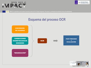 IMPACT is supported by the European Community under the FP7 ICT Work Programme. The project is coordinated by the National Library of the Netherlands.




                                            Esquema del proceso OCR

            CONVERSIÓN
             DE FICHEROS




          CORRECCIONES                                                                                                                POST-PROCESO
      GEOMÉTRICAS/ELIM.                                                  OCR                                                                +
                                                                                                                                       EVALUACIÓN
              MÁRGENES




          “BINARIZACIÓN”




                                                                                                                                                         TALLER FESABID 2011 26 MAYO   39
 