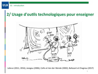 2/	Usage	d'ou7ls	technologiques	pour	enseigner
01	-	introduc/on
5
Lebrun	(2011,	2016),	Jezegou	(2006),	Collis	et	Van	der	W...