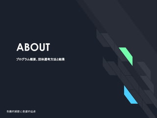 ABOUT
プログラム概要、団体選考方法と結果
 