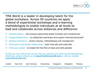 TMA World is a leader in developing talent for the
global workplace. Across 50 countries we apply
a blend of experiential workshops and e-learning
methodologies to enable individuals at all levels to
lead and collaborate across distances and difference:
   Develop leaders - who possess appropriate global mindsets and competencies
   Engage global teams - to collaborate seamlessly and support international growth
   Achieve consistency - across cultures, methodologies and management
   Harmonize cross-border relationships - both internally and externally
   Unify your people - to enable the free flow of ideas and skills globally


To find out more about how we can help you address your learning and development
challenges, please contact us at enquiries@tmaworld.com or visit our website
www.tmaworld.com


London   New York     San Francisco    Hong Kong       Singapore             Bangalore            Moscow

                                               © Transnational Management Associates Ltd. All Rights Reserved.   19
 