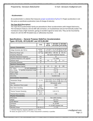 Prepared by : Darawan Abdulwahid E-mail : darawan.me@gmail.com
Prepared by : Darawan Abdulwahid E-mail : darawan.me@gmail.com
Page | 3
- Accelerometer :
An accelerometer is a device that measures proper acceleration ("g-force"). Proper acceleration is not
the same as coordinate acceleration (rate of change of velocity).
The Type 4513 (Description)
The Type 4513 accelerometer family are piezoelectric Shear accelerometers with integral electronics.
The transducers feature a 10–32 UNF side connector, an insulated base and are hermetically sealed. The
transducers have a high resolution, giving an excellent signal-to-noise ratio. They can be mounted by
means of a 10–32 UNF threaded stud, or adhesively mounted.
 