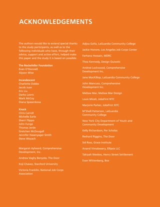 The authors would like to extend special thanks
to the study participants, as well as to the
following individuals who have, through their
advice, support and active effort, helped make
this paper and the study it is based on possible: 
The Rockefeller Foundation
Evan O’Donnell 
Alyson Wise
Incandescent
Charlotte Dobbs
Jacob Juan
Eric Liu
Darko Lovric
Mark McCoy
Diana Spasenkova
Knack
Chris Carroll 
Michelle Earle 
Sherri Flippo
John Funge 
Thomas Jerde 
Gretchen McDougall
Jennifer Hasenyager Smith 
Steve Woyach 
Margaret Aylward, Comprehensive
Development, Inc.
Andrea Vaghy Benyola, The Door
Koji Chavez, Stanford University
Victoria Franklin, National Job Corps
Association
Adjoa Gzifa, LaGuardia Community College
Jackie Honore, Los Angeles Job Corps Center
Farhana Hossain, MDRC
Thea Kennedy, Design Quixotic
Andreé Lockwood, Comprehensive
Development Inc.
Jane MacKillop, LaGuardia Community College
John Mancuso, Comprehensive
Development Inc.
Melissa Mar, Melissa Mar Design
Louis Miceli, JobsFirst NYC
Marjorie Parker, JobsFirst NYC
M’Shell Patterson, LaGuardia
Community College
New York City Department of Youth and
Community Development
Kelly Richardson, Per Scholas
Reshard Riggins, The Door
Sid Ross, Grace Institute
Anand Vimalassery, Ellipsis LLC
Takiyah Weekes, Henry Street Settlement
Evan Wittenberg, Box
ACKNOWLEDGEMENTS
 