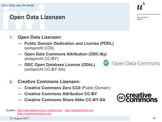 18. August 2017
Open Data rules the World!
18
Open Data Lizenzen
1. Open Data Lizenzen:
— Public Domain Dedication and License (PDDL)
(entspricht CC0)
— Open Data Commons Attribution (ODC-By)
(entspricht CC-BY)
— ODC Open Database License (ODbL)
(entspricht CC-BY-SA)
2. Creative Commons Lizenzen:
— Creative Commons Zero CC0 (Public Domain)
— Creative Commons Attribution CC-BY
— Creative Commons Share Alike CC-BY-SA
Quellen: http://opendatacommons.org/licenses/ http://opendefinition.org
https://creativecommons.org
 