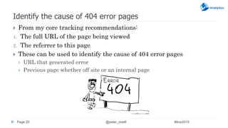 Identify the cause of 404 error pages
 From my core tracking recommendations:
1. The full URL of the page being viewed
2....