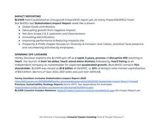IMPACT REPORTING
$LVWR hasn’t published an (inaugural) Impact/ESG report yet, as many ImpactDeSPACs have!
But $HOGs last Stakeholders Impact Report reads like a dream:
● Global Goals contribution;
● Decoupling growth from negative Impact;
● Net Zero Scope 2 & 3: Upstream and Downstream;
● Innovating electrification;
● Improving performance & Reducing Impacts; the
● Prosperity & Profit chapter focuses on ‘Diversity & Inclusion’ and ’classic, practical’ local presence
and volunteering activities by employees.
SPINNING OFF LIVEWIRE
Harley Davisson explains the $LVWR spin off as a rapid, 3 years, process of disruptive IRD resulting in
Year1: the launch of their 1st ebike; Year2: stand alone division; followed by Year3 listing as an
independent company as marketleader for expected accelerated growth. (But) $HOG remains 74%
shareholder. $LVWR was valued at $1.8 billion at DeSPAC, or 32% of Harley's total market capitalization
of $5.5 billion. (Barrons 27 Sept 2022). 2021 sales was just over 40MUS$.
Harley Davidson Inclusive Stakeholders Impact Report 2020
https://s201.q4cdn.com/697889289/files/doc_downloads/sustainability/2020/2020-Stakeholder-Impact-Report-Final.pdf
Previous, Sustainability Strategy Reports (since 2017) See Appendices for examples
https://investor.harley-davidson.com/governance/sustainability/default.aspx
$LVWR Livewire investor Relations: https://investor.livewire.com/overview/default.aspx No Impact Report yet.
Drs Alcanne J Houtzaager Inclusive2
Impact Investing Tools & Though Pieces p.7
 