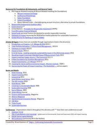 Created by: Brian Kaminer of Talgra – Cultivating Sustainable Investments Page 3
Resources for Foundations & Endowments, and General Topics
1. PRI Program Related Investing & Mission Related Investing (for Foundations)
a. Mission Investors Exchange
b. Confluence Philanthropy
c. Gates Foundation
d. Calvert Foundation
e. Donor Advised Funds – charitable giving account structure, alternative to private foundations
2. Responsible Endowments Coalition (REC)
3. Green America **
4. United Nations - Principles for Responsible Investment (UNPRI)
5. First Affirmative Financial Network
6. Social Funds personal finance site devoted to socially responsible investing
7. Gateways to impact Accessing the $650 billion market potential for sustainable investment
8. Global Alliance for Banking on Values (GABV)
Articles & Papers (many more are available through organizations listed in the directory)
1. Perspectives on Progress | J.P. Morgan & GIIN 2013-1
2. Total Portfolio Activation | Trillium Asset Management 2012-8
3. Gateways to impact 2012-6
4. Impact at Scale 2012-2
5. Ernst & Young – Leading corporate sustainability issues in the 2012 proxy season 2012
6. Decoding Impact Investing’s Alphabet Soup of Measurement Tools 2012
7. Impact investing: Happy returns | The Economist 2011-9
8. A New Foundation for Portfolio Management 2011
9. Impact Investments | J.P. Morgan 2010-11
10. Investing for Social and Environmental Impact - Monitor Institute 2009-1
11. Harnessing the Power of Impact Investing :: The Rockefeller ... various papers
Books and Media
1. Slow Investing 2013
2. Impact Investing 2011
3. Locavesting 2011
4. Local Dollars, Local Sense 2011
5. The HIP Investor 2010
6. Slow Money 2009
7. Investing in a Sustainable World 2009
8. Sustainable Investing 2008
9. Soul of Money 2003
10. Green Money Journal
11. Finance and Sustainability Magazine
12. Alliance Magazine
13. Stanford Social Innovation Review Magazine
14. CSR Wire
15. Triple Pundit
16. Sustainable Business
Conferences - Organizations listed in throughout this directory with ** have their own conferences as well
1. Investors’ Circle
2. TBLI (Triple Bottom Line Investing) – global event on Environmental, Social and Governance (ESG) and Impact Investing
3. SOCAP Social Capital Markets
4. SRI Conference (previously SRI in the Rockies)
 