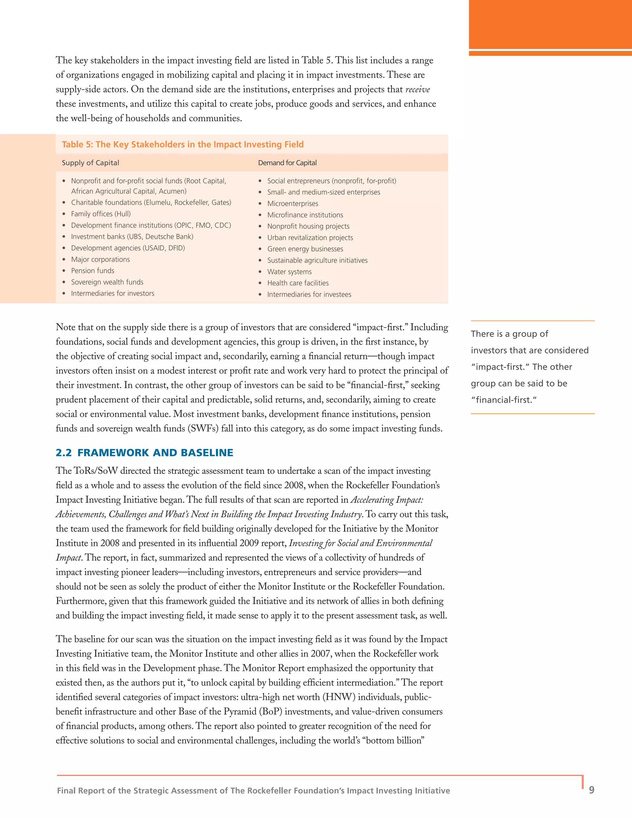 Final Report of the Strategic Assessment of The Rockefeller Foundation’s Impact Investing Initiative
| 9
The key stakeholders in the impact investing ﬁeld are listed in Table 5. This list includes a range
of organizations engaged in mobilizing capital and placing it in impact investments. These are
supply-side actors. On the demand side are the institutions, enterprises and projects that receive
these investments, and utilize this capital to create jobs, produce goods and services, and enhance
the well-being of households and communities.
Table 5: The Key Stakeholders in the Impact Investing Field
Supply of Capital Demand for Capital
• Nonproﬁt and for-proﬁt social funds (Root Capital,
African Agricultural Capital, Acumen)
• Charitable foundations (Elumelu, Rockefeller, Gates)
• Family ofﬁces (Hull)
• Development ﬁnance institutions (OPIC, FMO, CDC)
• Investment banks (UBS, Deutsche Bank)
• Development agencies (USAID, DFID)
• Major corporations
• Pension funds
• Sovereign wealth funds
• Intermediaries for investors
• Social entrepreneurs (nonproﬁt, for-proﬁt)
• Small- and medium-sized enterprises
• Microenterprises
• Microﬁnance institutions
• Nonproﬁt housing projects
• Urban revitalization projects
• Green energy businesses
• Sustainable agriculture initiatives
• Water systems
• Health care facilities
• Intermediaries for investees
Note that on the supply side there is a group of investors that are considered “impact-ﬁrst.” Including
foundations, social funds and development agencies, this group is driven, in the ﬁrst instance, by
the objective of creating social impact and, secondarily, earning a ﬁnancial return—though impact
investors often insist on a modest interest or proﬁt rate and work very hard to protect the principal of
their investment. In contrast, the other group of investors can be said to be “ﬁnancial-ﬁrst,” seeking
prudent placement of their capital and predictable, solid returns, and, secondarily, aiming to create
social or environmental value. Most investment banks, development ﬁnance institutions, pension
funds and sovereign wealth funds (SWFs) fall into this category, as do some impact investing funds.
2.2 FRAMEWORK AND BASELINE
The ToRs/SoW directed the strategic assessment team to undertake a scan of the impact investing
ﬁeld as a whole and to assess the evolution of the ﬁeld since 2008, when the Rockefeller Foundation’s
Impact Investing Initiative began. The full results of that scan are reported in Accelerating Impact:
Achievements, Challenges and What’s Next in Building the Impact Investing Industry.To carry out this task,
the team used the framework for ﬁeld building originally developed for the Initiative by the Monitor
Institute in 2008 and presented in its inﬂuential 2009 report, Investing for Social and Environmental
Impact. The report, in fact, summarized and represented the views of a collectivity of hundreds of
impact investing pioneer leaders—including investors, entrepreneurs and service providers—and
should not be seen as solely the product of either the Monitor Institute or the Rockefeller Foundation.
Furthermore, given that this framework guided the Initiative and its network of allies in both deﬁning
and building the impact investing ﬁeld, it made sense to apply it to the present assessment task, as well.
The baseline for our scan was the situation on the impact investing ﬁeld as it was found by the Impact
Investing Initiative team, the Monitor Institute and other allies in 2007, when the Rockefeller work
in this ﬁeld was in the Development phase. The Monitor Report emphasized the opportunity that
existed then, as the authors put it, “to unlock capital by building efﬁcient intermediation.” The report
identiﬁed several categories of impact investors: ultra-high net worth (HNW) individuals, public-
beneﬁt infrastructure and other Base of the Pyramid (BoP) investments, and value-driven consumers
of ﬁnancial products, among others. The report also pointed to greater recognition of the need for
effective solutions to social and environmental challenges, including the world’s “bottom billion”
There is a group of
investors that are considered
“impact-ﬁrst.” The other
group can be said to be
“ﬁnancial-ﬁrst.”
 