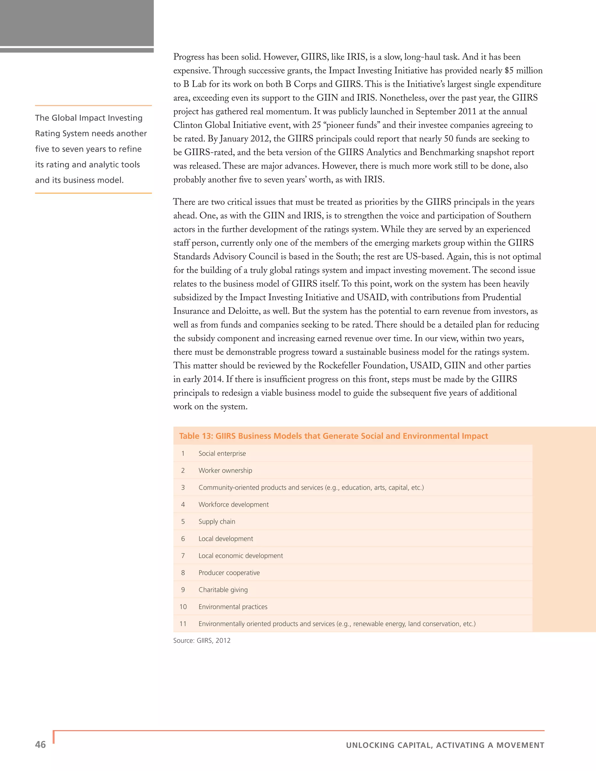 46 | UNLOCKING CAPITAL, ACTIVATING A MOVEMENT
Progress has been solid. However, GIIRS, like IRIS, is a slow, long-haul task. And it has been
expensive. Through successive grants, the Impact Investing Initiative has provided nearly $5 million
to B Lab for its work on both B Corps and GIIRS. This is the Initiative’s largest single expenditure
area, exceeding even its support to the GIIN and IRIS. Nonetheless, over the past year, the GIIRS
project has gathered real momentum. It was publicly launched in September 2011 at the annual
Clinton Global Initiative event, with 25 “pioneer funds” and their investee companies agreeing to
be rated. By January 2012, the GIIRS principals could report that nearly 50 funds are seeking to
be GIIRS-rated, and the beta version of the GIIRS Analytics and Benchmarking snapshot report
was released. These are major advances. However, there is much more work still to be done, also
probably another ﬁve to seven years’ worth, as with IRIS.
There are two critical issues that must be treated as priorities by the GIIRS principals in the years
ahead. One, as with the GIIN and IRIS, is to strengthen the voice and participation of Southern
actors in the further development of the ratings system. While they are served by an experienced
staff person, currently only one of the members of the emerging markets group within the GIIRS
Standards Advisory Council is based in the South; the rest are US-based. Again, this is not optimal
for the building of a truly global ratings system and impact investing movement. The second issue
relates to the business model of GIIRS itself. To this point, work on the system has been heavily
subsidized by the Impact Investing Initiative and USAID, with contributions from Prudential
Insurance and Deloitte, as well. But the system has the potential to earn revenue from investors, as
well as from funds and companies seeking to be rated. There should be a detailed plan for reducing
the subsidy component and increasing earned revenue over time. In our view, within two years,
there must be demonstrable progress toward a sustainable business model for the ratings system.
This matter should be reviewed by the Rockefeller Foundation, USAID, GIIN and other parties
in early 2014. If there is insufﬁcient progress on this front, steps must be made by the GIIRS
principals to redesign a viable business model to guide the subsequent ﬁve years of additional
work on the system.
Table 13: GIIRS Business Models that Generate Social and Environmental Impact
1 Social enterprise
2 Worker ownership
3 Community-oriented products and services (e.g., education, arts, capital, etc.)
4 Workforce development
5 Supply chain
6 Local development
7 Local economic development
8 Producer cooperative
9 Charitable giving
10 Environmental practices
11 Environmentally oriented products and services (e.g., renewable energy, land conservation, etc.)
Source: GIIRS, 2012
The Global Impact Investing
Rating System needs another
ﬁve to seven years to reﬁne
its rating and analytic tools
and its business model.
 