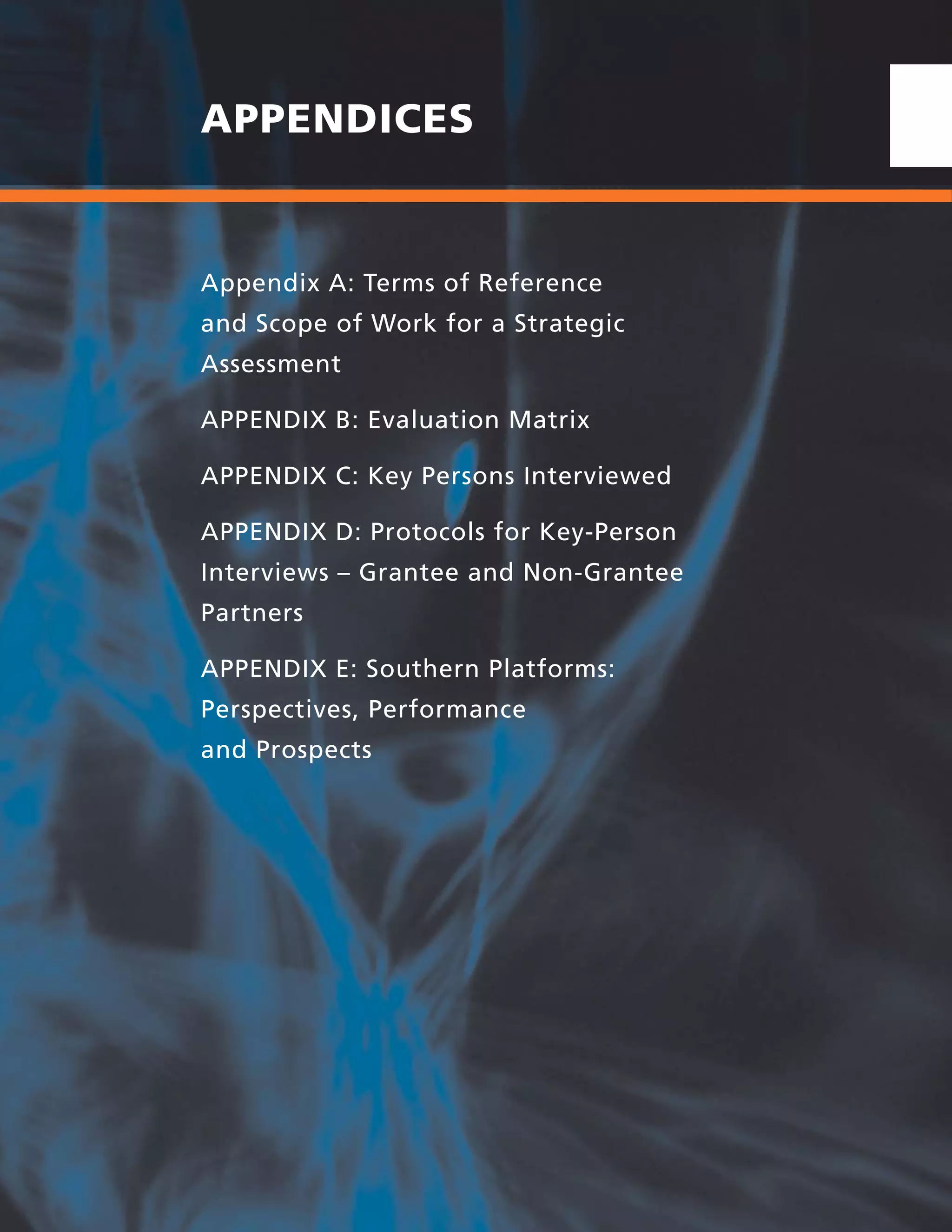 66 | UNLOCKING CAPITAL, ACTIVATING A MOVEMENT
APPENDICES
Appendix A: Terms of Reference
and Scope of Work for a Strategic
Assessment
APPENDIX B: Evaluation Matrix
APPENDIX C: Key Persons Interviewed
APPENDIX D: Protocols for Key-Person
Interviews – Grantee and Non-Grantee
Partners
APPENDIX E: Southern Platforms:
Perspectives, Performance
and Prospects
 