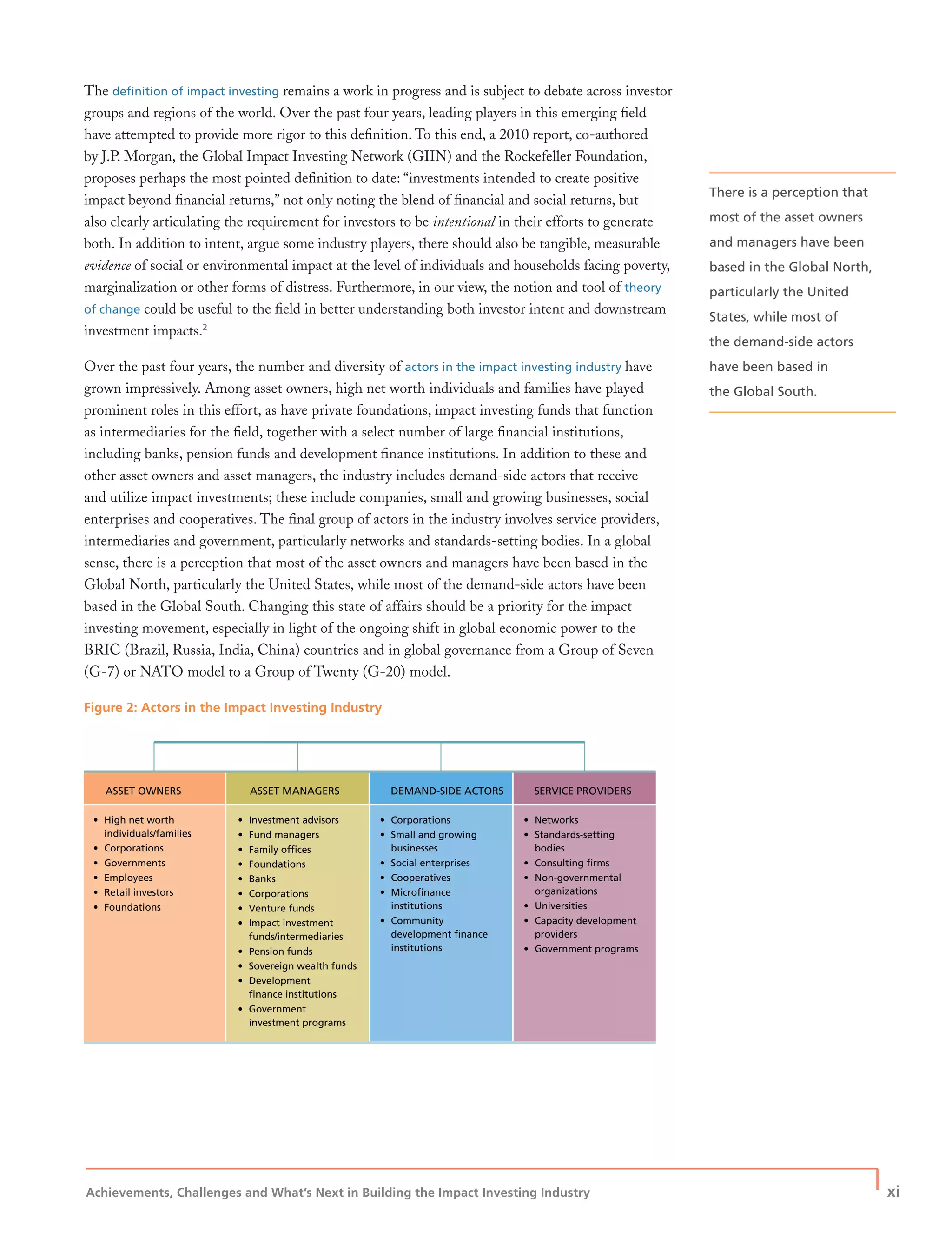 Achievements, Challenges and What’s Next in Building the Impact Investing Industry
| xi
The deﬁnition of impact investing remains a work in progress and is subject to debate across investor
groups and regions of the world. Over the past four years, leading players in this emerging ﬁeld
have attempted to provide more rigor to this deﬁnition. To this end, a 2010 report, co-authored
by J.P. Morgan, the Global Impact Investing Network (GIIN) and the Rockefeller Foundation,
proposes perhaps the most pointed deﬁnition to date: “investments intended to create positive
impact beyond ﬁnancial returns,” not only noting the blend of ﬁnancial and social returns, but
also clearly articulating the requirement for investors to be intentional in their efforts to generate
both. In addition to intent, argue some industry players, there should also be tangible, measurable
evidence of social or environmental impact at the level of individuals and households facing poverty,
marginalization or other forms of distress. Furthermore, in our view, the notion and tool of theory
of change could be useful to the ﬁeld in better understanding both investor intent and downstream
investment impacts.2
Over the past four years, the number and diversity of actors in the impact investing industry have
grown impressively. Among asset owners, high net worth individuals and families have played
prominent roles in this effort, as have private foundations, impact investing funds that function
as intermediaries for the ﬁeld, together with a select number of large ﬁnancial institutions,
including banks, pension funds and development ﬁnance institutions. In addition to these and
other asset owners and asset managers, the industry includes demand-side actors that receive
and utilize impact investments; these include companies, small and growing businesses, social
enterprises and cooperatives. The ﬁnal group of actors in the industry involves service providers,
intermediaries and government, particularly networks and standards-setting bodies. In a global
sense, there is a perception that most of the asset owners and managers have been based in the
Global North, particularly the United States, while most of the demand-side actors have been
based in the Global South. Changing this state of affairs should be a priority for the impact
investing movement, especially in light of the ongoing shift in global economic power to the
BRIC (Brazil, Russia, India, China) countries and in global governance from a Group of Seven
(G-7) or NATO model to a Group of Twenty (G-20) model.
Figure 2: Actors in the Impact Investing Industry
ASSET OWNERS
• High net worth
individuals/families
• Corporations
• Governments
• Employees
• Retail investors
• Foundations
• Investment advisors
• Fund managers
• Family offices
• Foundations
• Banks
• Corporations
• Venture funds
• Impact investment
funds/intermediaries
• Pension funds
• Sovereign wealth funds
• Development
finance institutions
• Government
investment programs
• Corporations
• Small and growing
businesses
• Social enterprises
• Cooperatives
• Microfinance
institutions
• Community
development finance
institutions
• Networks
• Standards-setting
bodies
• Consulting firms
• Non-governmental
organizations
• Universities
• Capacity development
providers
• Government programs
DEMAND-SIDE ACTORSASSET MANAGERS SERVICE PROVIDERS
There is a perception that
most of the asset owners
and managers have been
based in the Global North,
particularly the United
States, while most of
the demand-side actors
have been based in
the Global South.
 