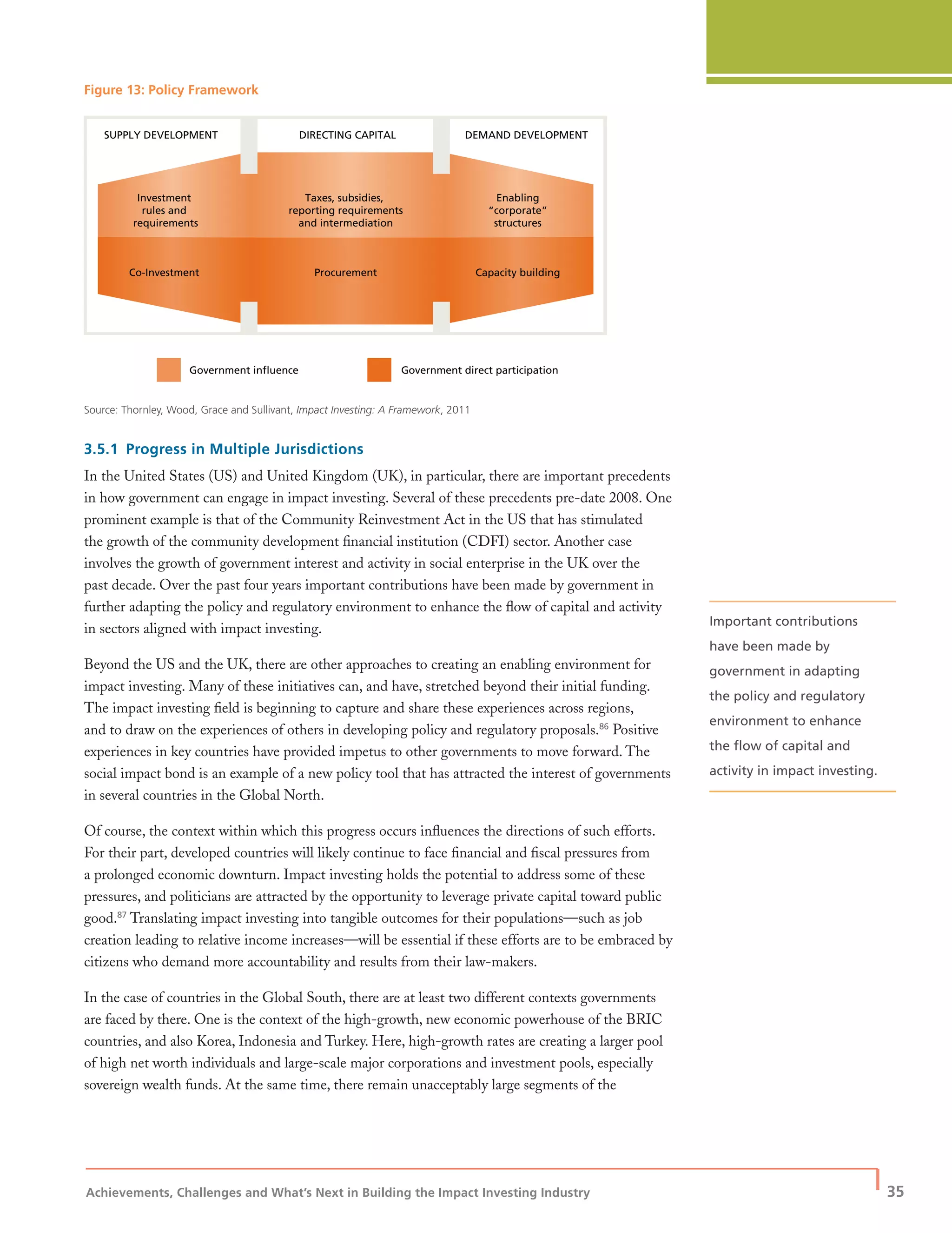 Achievements, Challenges and What’s Next in Building the Impact Investing Industry
| 35
Figure 13: Policy Framework
Source: Thornley, Wood, Grace and Sullivant, Impact Investing: A Framework, 2011
3.5.1 Progress in Multiple Jurisdictions
In the United States (US) and United Kingdom (UK), in particular, there are important precedents
in how government can engage in impact investing. Several of these precedents pre-date 2008. One
prominent example is that of the Community Reinvestment Act in the US that has stimulated
the growth of the community development ﬁnancial institution (CDFI) sector. Another case
involves the growth of government interest and activity in social enterprise in the UK over the
past decade. Over the past four years important contributions have been made by government in
further adapting the policy and regulatory environment to enhance the ﬂow of capital and activity
in sectors aligned with impact investing.
Beyond the US and the UK, there are other approaches to creating an enabling environment for
impact investing. Many of these initiatives can, and have, stretched beyond their initial funding.
The impact investing ﬁeld is beginning to capture and share these experiences across regions,
and to draw on the experiences of others in developing policy and regulatory proposals.86
Positive
experiences in key countries have provided impetus to other governments to move forward. The
social impact bond is an example of a new policy tool that has attracted the interest of governments
in several countries in the Global North.
Of course, the context within which this progress occurs inﬂuences the directions of such efforts.
For their part, developed countries will likely continue to face ﬁnancial and ﬁscal pressures from
a prolonged economic downturn. Impact investing holds the potential to address some of these
pressures, and politicians are attracted by the opportunity to leverage private capital toward public
good.87
Translating impact investing into tangible outcomes for their populations—such as job
creation leading to relative income increases—will be essential if these efforts are to be embraced by
citizens who demand more accountability and results from their law-makers.
In the case of countries in the Global South, there are at least two different contexts governments
are faced by there. One is the context of the high-growth, new economic powerhouse of the BRIC
countries, and also Korea, Indonesia and Turkey. Here, high-growth rates are creating a larger pool
of high net worth individuals and large-scale major corporations and investment pools, especially
sovereign wealth funds. At the same time, there remain unacceptably large segments of the
SUPPLY DEVELOPMENT
Investment
rules and
requirements
Taxes, subsidies,
reporting requirements
and intermediation
Enabling
“corporate”
structures
Co-Investment Procurement Capacity building
Government influence Government direct participation
DEMAND DEVELOPMENTDIRECTING CAPITAL
Important contributions
have been made by
government in adapting
the policy and regulatory
environment to enhance
the ﬂow of capital and
activity in impact investing.
 