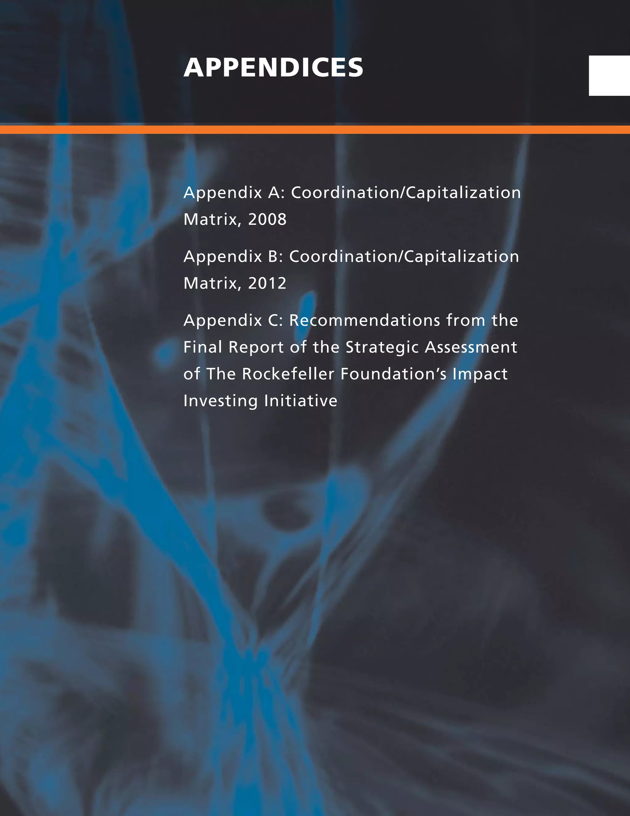 APPENDICES
Appendix A: Coordination/Capitalization
Matrix, 2008
Appendix B: Coordination/Capitalization
Matrix, 2012
Appendix C: Recommendations from the
Final Report of the Strategic Assessment
of The Rockefeller Foundation’s Impact
Investing Initiative
 