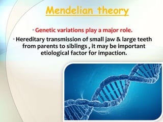 •Genetic variations play a major role.
•Hereditary transmission of small jaw & large teeth
from parents to siblings , it may be important
etiological factor for impaction.
Mendelian theory
 