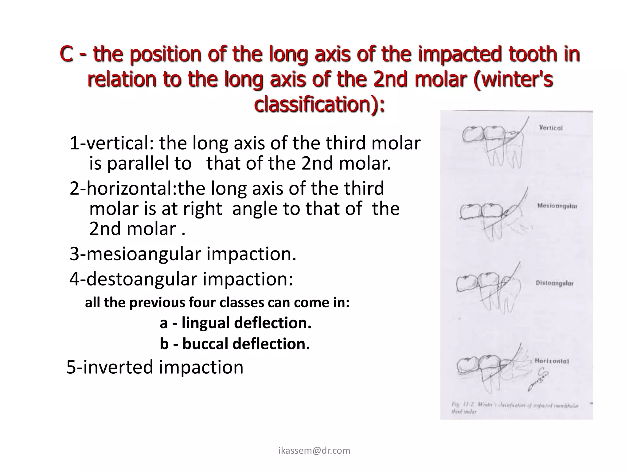 C - the position of the long axis of the impacted tooth in
   relation to the long axis of the 2nd molar (winter's
                      classification):
 1-vertical: the long axis of the third molar
   is parallel to that of the 2nd molar.
 2-horizontal:the long axis of the third
   molar is at right angle to that of the
   2nd molar .
 3-mesioangular impaction.
 4-destoangular impaction:
  all the previous four classes can come in:
             a - lingual deflection.
             b - buccal deflection.
5-inverted impaction


                                ikassem@dr.com
 