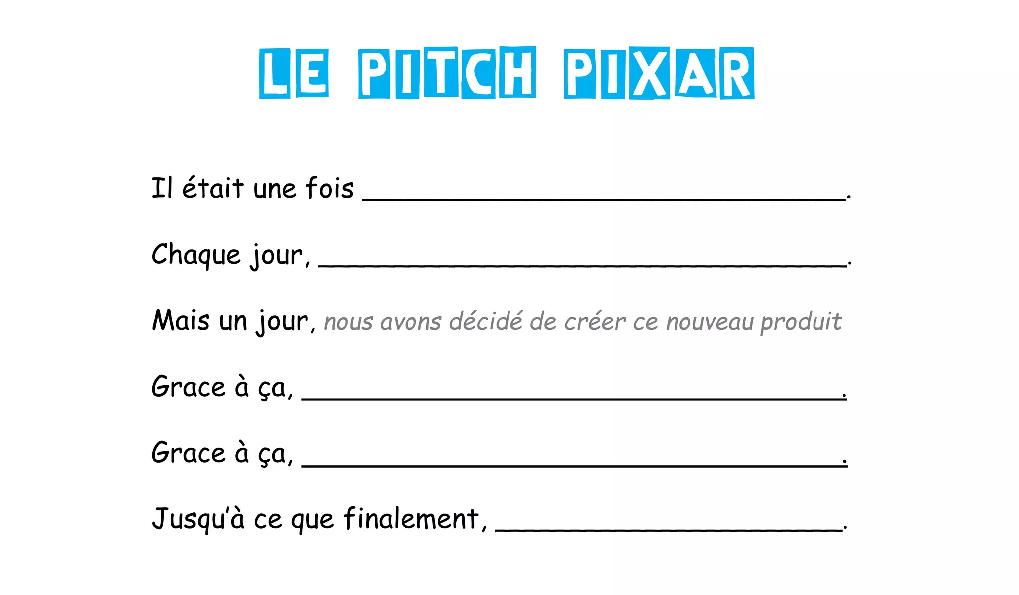 Il était une fois ________________________________.
Chaque jour, ___________________________________.
Mais un jour, nous avons décidé de créer ce nouveau produit
Grace à ça, .
Grace à ça, .
Jusqu’à ce que finalement, _______________________.
Le pitch PIXAR
 