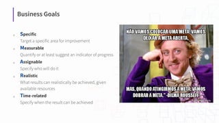 Business Goals
⬡ Specific
Target a specific area for improvement
⬡ Measurable
Quantify or at least suggest an indicator of progress
⬡ Assignable
Specify who will do it
⬡ Realistic
What results can realistically be achieved, given
available resources
⬡ Time-related
Specify when the result can be achieved
 