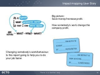 18
Impact mapping User Story
Big picture:
Save money/Increase profit.
How somebody’s work change the
company profit.
Chang...