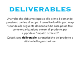 DELIVERABLES
Una volta che abbiamo risposto alle prime 3 domande,
possiamo parlare di scope. Il terzo livello di impact map
risponde alla seguente domanda: Che cosa posso fare,
come organizzazione o team di prodotto, per
supportare l’impatto richiesto?
Questi sono deliverable, caratteristiche del prodotto e
attività dell’organizzazione.
 