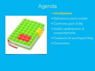 • Introduzione
• Deﬁnizione piano iniziale
• Confronto piani di Biz
• Analisi cambiamenti di
comportamento
• Creazione di una Impact Map
• Conclusioni
Agenda
 