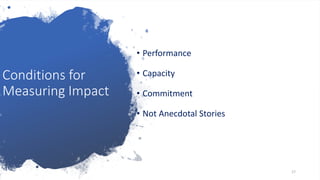Conditions for
Measuring Impact
• Performance
• Capacity
• Commitment
• Not Anecdotal Stories
17
 