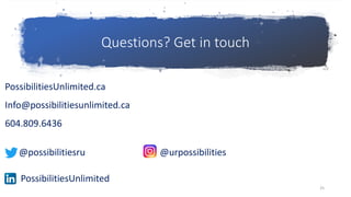 Questions? Get in touch
PossibilitiesUnlimited.ca
Info@possibilitiesunlimited.ca
604.809.6436
@possibilitiesru @urpossibil...
