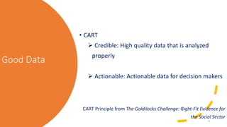 Good Data
• CART
 Credible: High quality data that is analyzed
properly
 Actionable: Actionable data for decision makers...